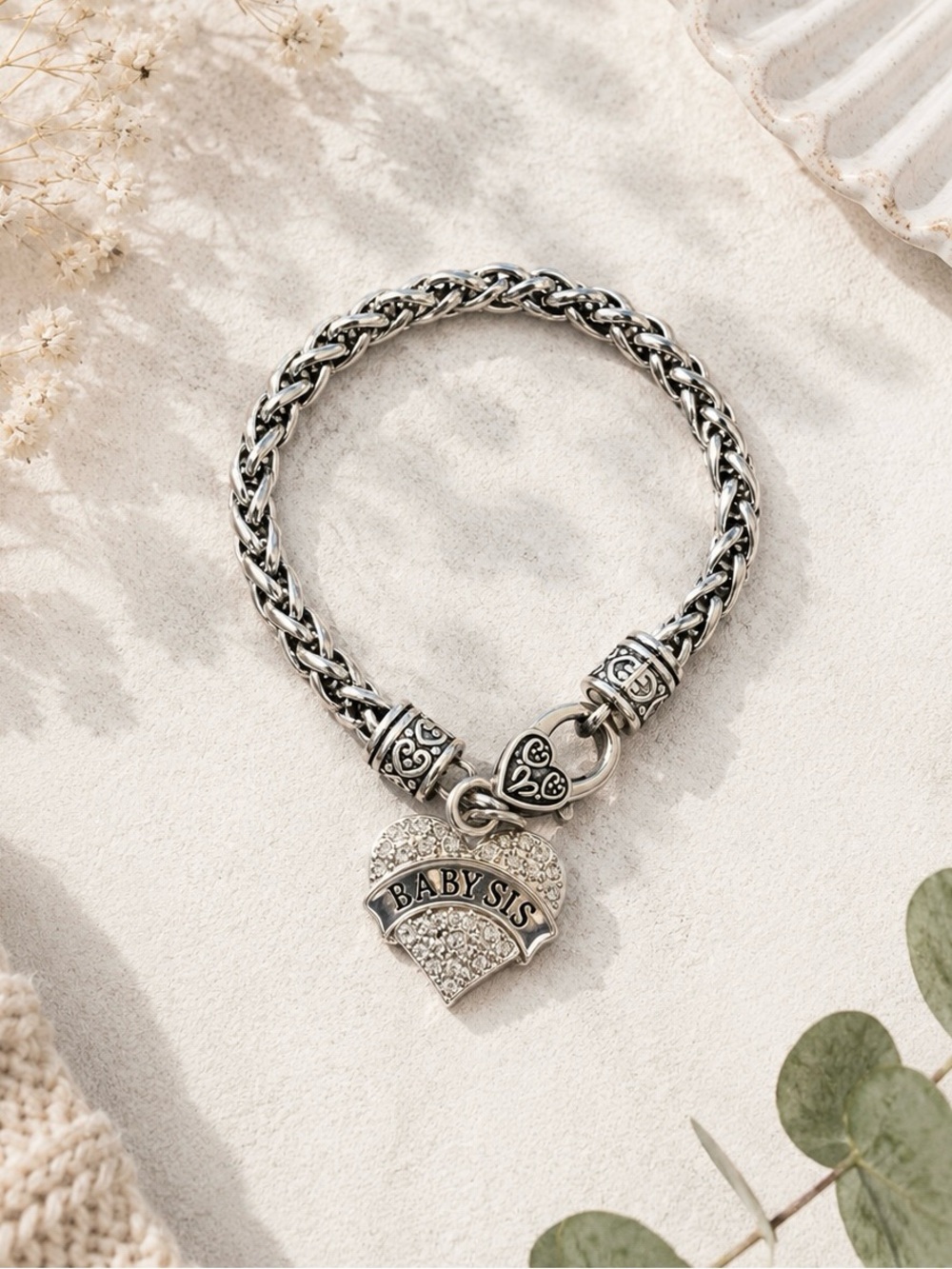 Baby Sis Heart Rhinestone 7” Silver Rope Bracelet